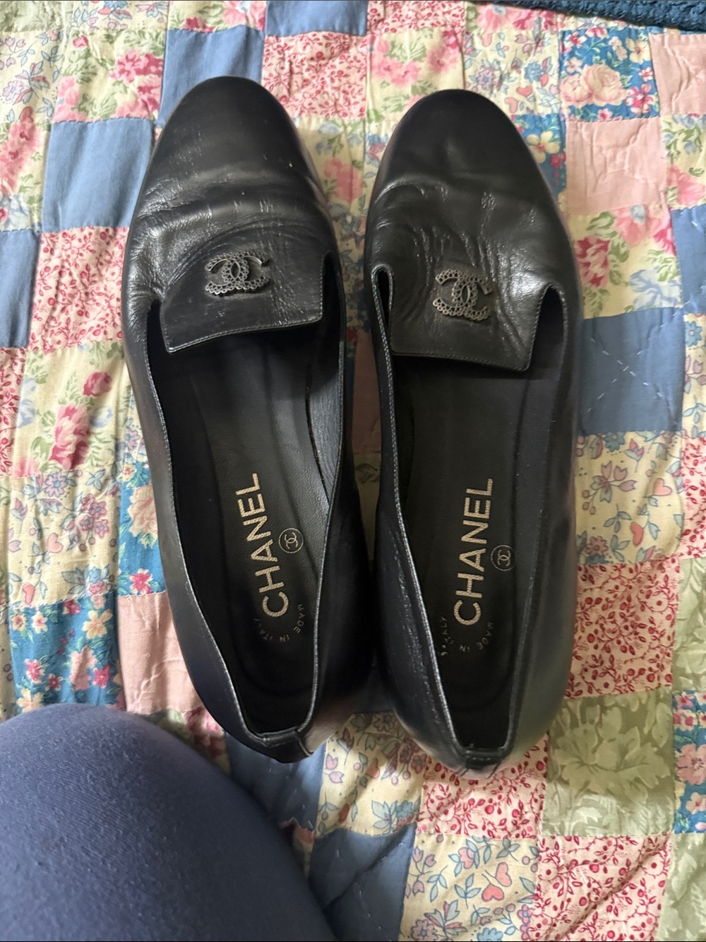 CHANEL Black Leather Logo Loafers